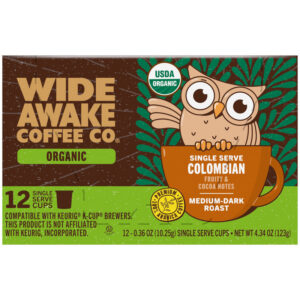 Wide Awake Coffee Co. Organic Medium-Dark Roast Colombian Coffee 12 - 0.36 oz Single Serve Cups
