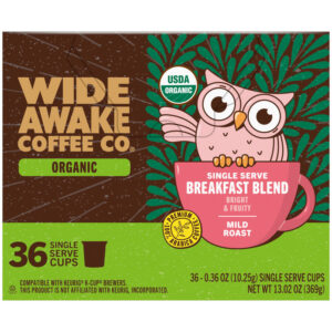 Wide Awake Coffee Co. Organic Mild Roast Breakfast Blend Coffee 36 - 0.36 oz Single Serve Cups